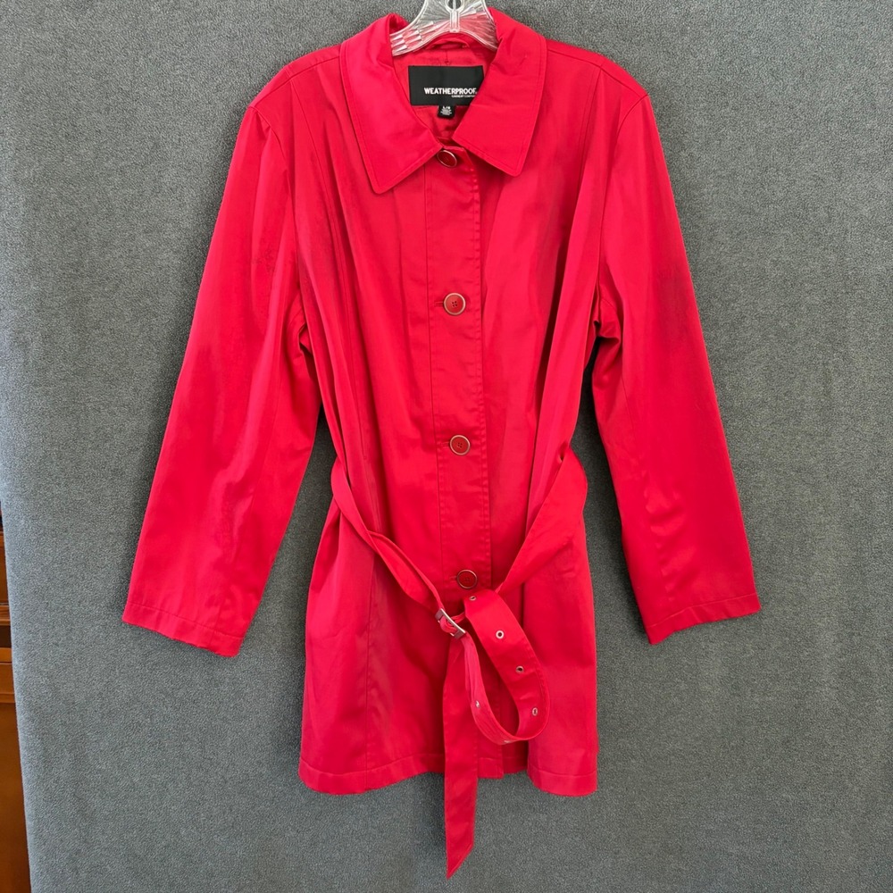 Weatherproof Trench Coat Womens Large Red Belted Button Front Rain Jacket L6000